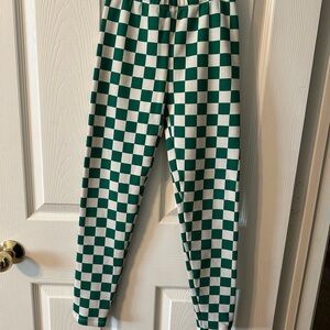 Green and White Checkered Fleece-lined leggings